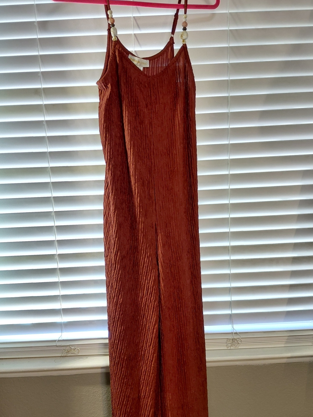 Sleeveless Rust Crinkle Wide-Leg Jumpsuit with Beaded Straps